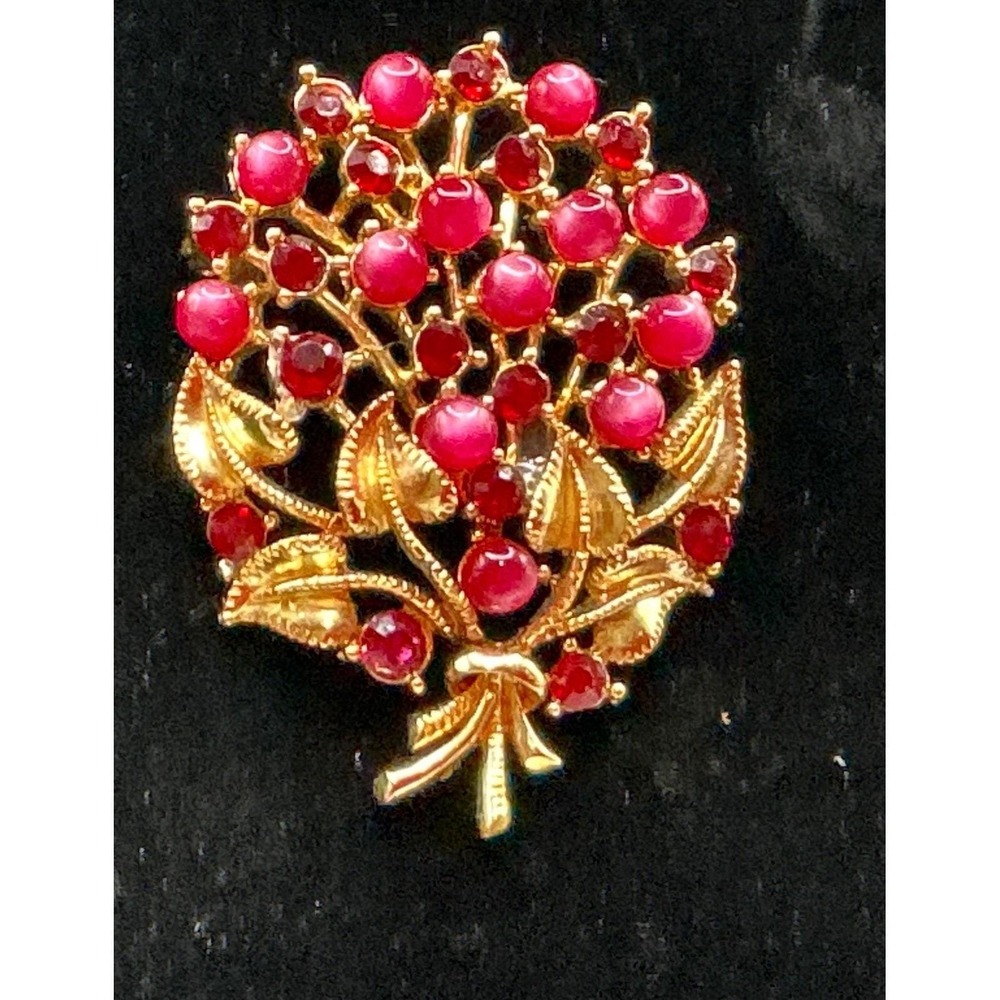Vintage STAR Floral Bouquet Brooch Red Cabochon Rhinestone Gold Tone Pin